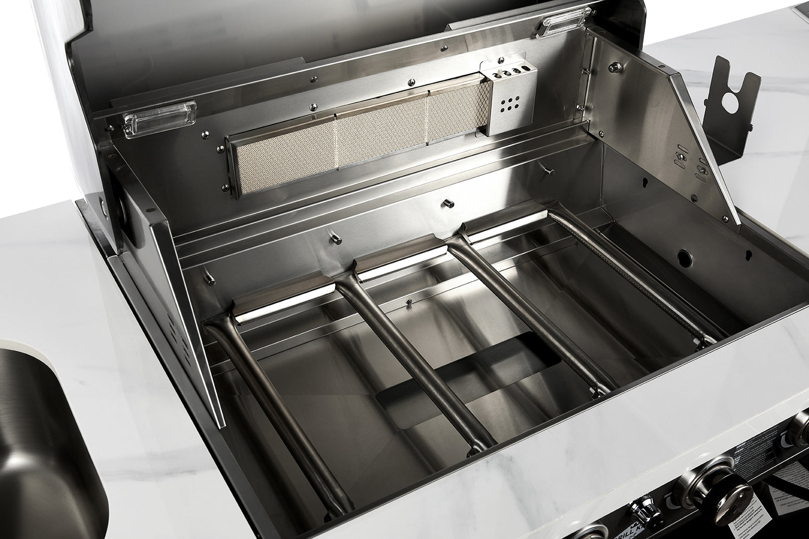 Grill King Element 4B High Grade 304 SS Outdoor BBQ Kitchen + White Stone Bench, Fridge & Sink
