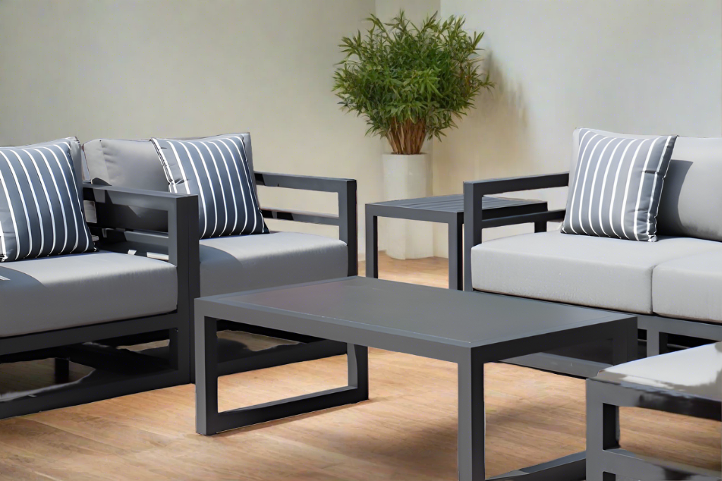 7 Piece Charcoal Aluminium Hampton Style Outdoor Furniture Lounge Set Weather Resistant 3 Seater, 1+1 + Coffee Table & 2x Side tables