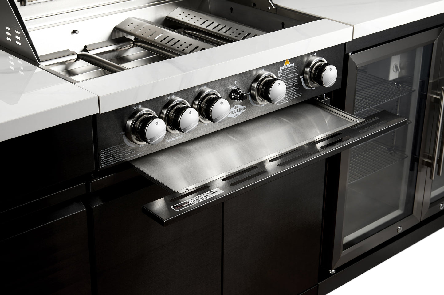 Element Twin Hood 8 Burner Outdoor BBQ Kitchen: High Grade 304 SS + White Stone + 1 Door Sink + 1 Door Storage
