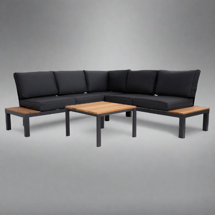 Outdoor Havana Package In Black - Outdoor Aluminum & Acacia Modular Corner Lounge Black Aluminium with Black Fabric