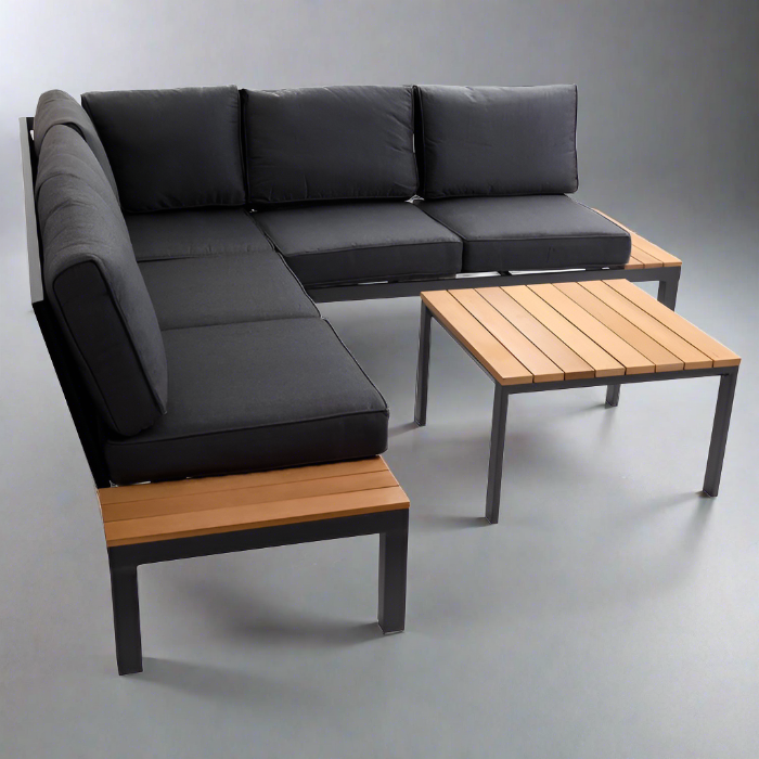 Outdoor Havana Package In Black - Outdoor Aluminum & Acacia Modular Corner Lounge Black Aluminium with Black Fabric