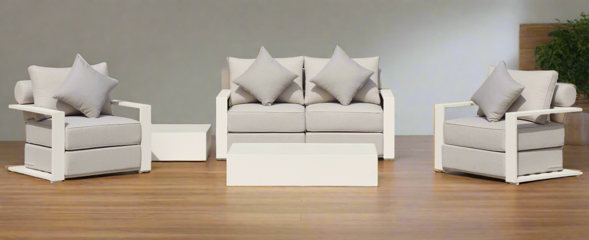 White Hampton Style Lounge Set Inc 2+1+1, Coffee Table Aluminium Frame and Weather Resistant Fabric