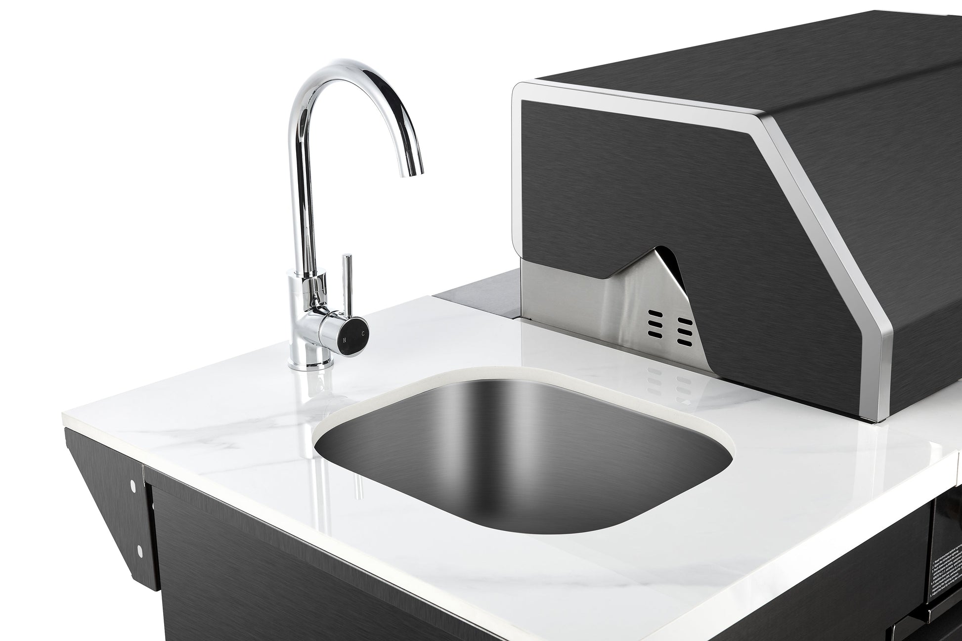 Element Twin Hood 8 Burner Outdoor BBQ Kitchen: High Grade 304 SS + White Stone + 1 Door Sink + 1 Door Storage